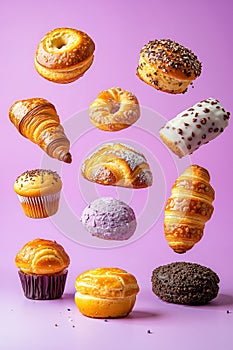 A bunch of different types of pastries flying in the air