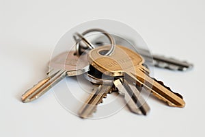 a bunch of door keys on a white background