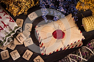 Bunch Of Dried Herb That Usually Is Used In Different Ritual, Magic And Cleaning, runes, old envelope with wax stamp