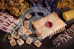 Bunch Of Dried Herb That Usually Is Used In Different Ritual, Magic And Cleaning, runes, old envelope with wax stamp