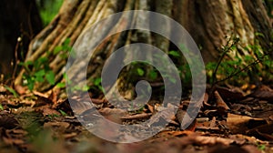 Bunch of dried leaves under an old tree