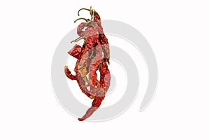 Bunch of dry hot red chili peppers isolated on a white background