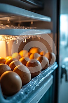 A bunch of eggs sitting inside of an open refrigerator