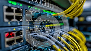 A bunch of ethernet cables connected to a server in a server room