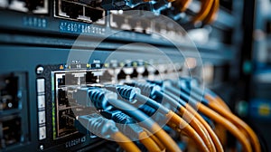 A bunch of ethernet cables connected to a server in a server room