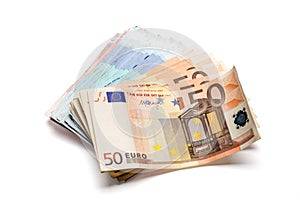 Bunch of euro banknotes of various denominations.
