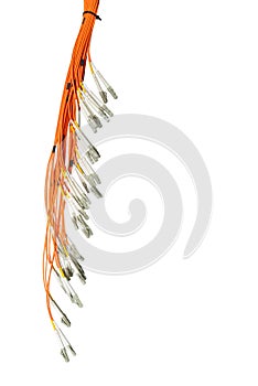 Bunch of fiber optic cables and connectors, isolated on white background. IT technology, data transmission channel