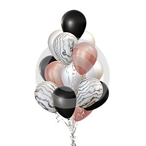 Bunch of five 3d realistic air balloons. Pearl white, with abstract black and white marbled texture, onyx black, and rose golden.