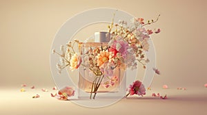 a bunch of flowers is expertly fashioned into the shape of a perfume, harmonizing the delicate blooms with the essence