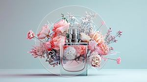 a bunch of flowers is expertly fashioned into the shape of a perfume, harmonizing the delicate blooms with the essence