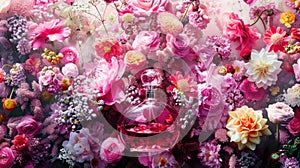 a bunch of flowers is expertly fashioned into the shape of a perfume, harmonizing the delicate blooms with the essence