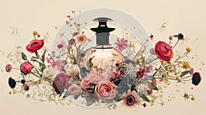 a bunch of flowers is expertly fashioned into the shape of a perfume, harmonizing the delicate blooms with the essence