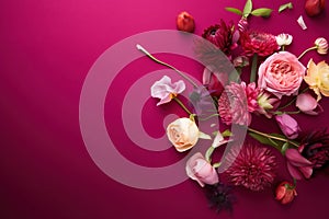 Bunch of flowers. Flower arrangement on a magenta background. Floral background.