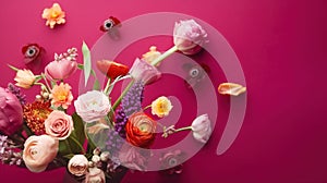 Bunch of flowers. Flower arrangement on a magenta background. Floral background.