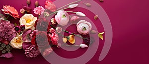 Bunch of flowers. Flower arrangement on a magenta background. Floral background.