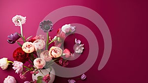 Bunch of flowers. Flower arrangement on a magenta background. Floral background.