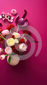 Bunch of flowers. Flower arrangement on a magenta background. Floral background.