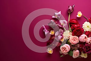 Bunch of flowers. Flower arrangement on a magenta background. Floral background.