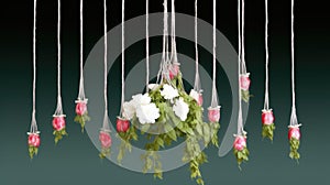 A bunch of flowers hanging from a string. AI.