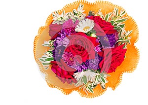 Bunch of flowers: roses, asters, camomiles on a white background