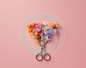 Bunch of flowers with scissors on a pastel pink background.