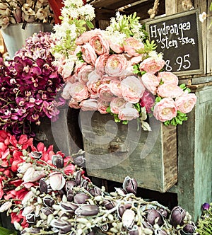 Bunch of flowers on vintage cabinet drawer