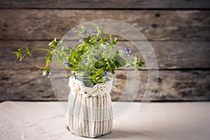 Bunch of forget-me-nots on wooden background. Spring concept. Greeting card for Valentine`s day, Mother`s Day, 8 March