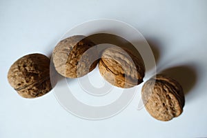 Bunch of four ripe brown rounded fruits of Persian walnut