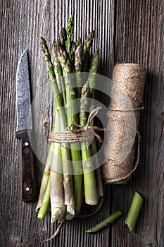 Bunch of fresh asparagus sprouts and skein of twine