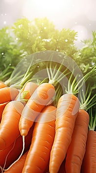Bunch of fresh carrots with green tops vegetables background with copy space