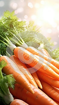 Bunch of fresh carrots with green tops vegetables background with copy space