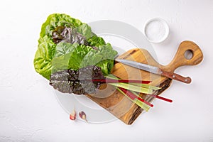 Bunch of fresh chard leaves on cutting board on white background. Top view