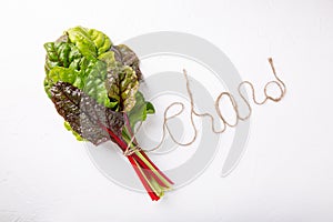 Bunch of fresh chard leaves on white background. Top view