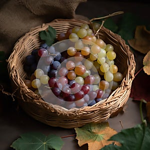 bunch of fresh grapes resting in a rustic woven bamboo basket