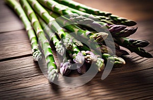 Bunch of fresh green asparagus spears on rustic wooden table.