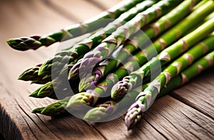 Bunch of fresh green asparagus spears on rustic wooden table. Closeup.