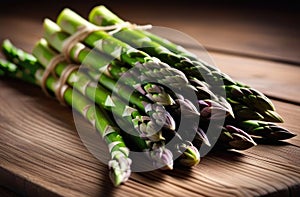 Bunch of fresh green asparagus spears on rustic wooden table. Closeup.