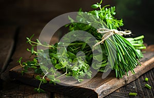 Bunch of fresh green herbs on old wooden table