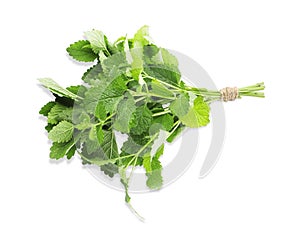 Bunch of fresh green lemon balm isolated on white, top view