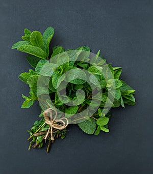 Bunch of fresh green mint, gray table.