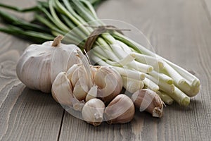 Bunch of fresh green onions and garlic