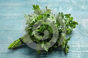 Bunch of fresh green parsley on blue table