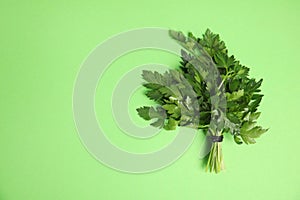 Bunch of fresh green parsley on color background, view from above.