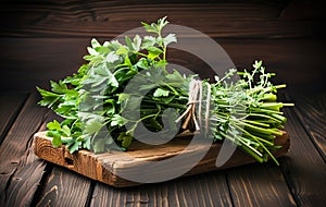 Bunch of fresh green parsley on cutting board on wooden background