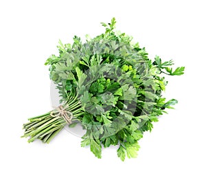 Bunch of fresh green parsley isolated on white, above view