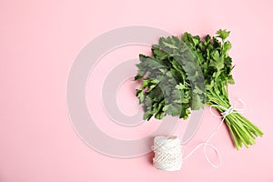 Bunch of fresh green parsley and twine on color background, flat lay.