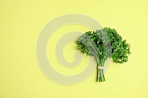 Bunch of fresh green parsley on yellow background, top view