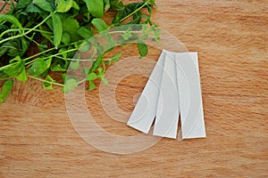 Bunch of fresh mint and gum lozenge on wooden background