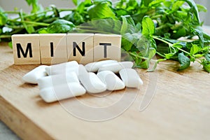 Bunch of fresh mint and gum pads on wooden background