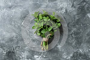 Bunch of fresh mint on a textured surface, signifying refreshment and the ingredient's vital role in culinary arts.